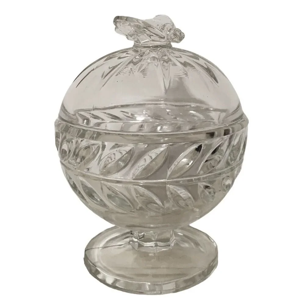 Vintage Indiana Glass Laurel Wreath Pedestal Candy Dish Lid Bee Finial Clear